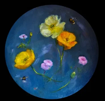 Circular tondo painting of poppies and bees on blue