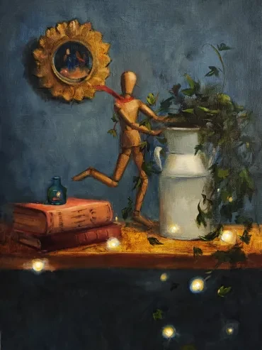 Narrative still life with wooden mannequin, books and fireflies