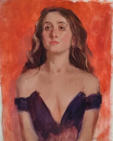 Portrait of a woman in a dark dress against a red background