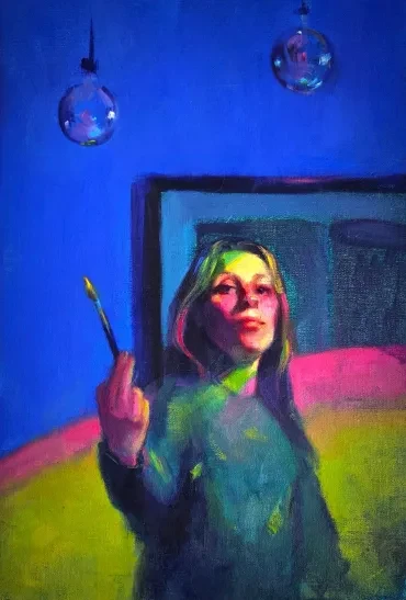 Self-portrait with paintbrush and mirror under globe lights