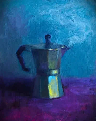 Still life of a steaming moka pot on purple